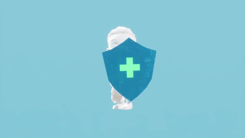  3D animation of a human character defending against attacking viruses using a health-logo shield. Ideal for healthcare, immunity, and medical protection themed content.