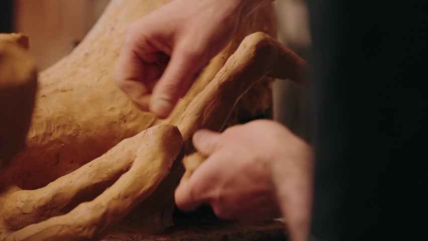 hands detailing a clay sculpture in studio setting with soft warm light