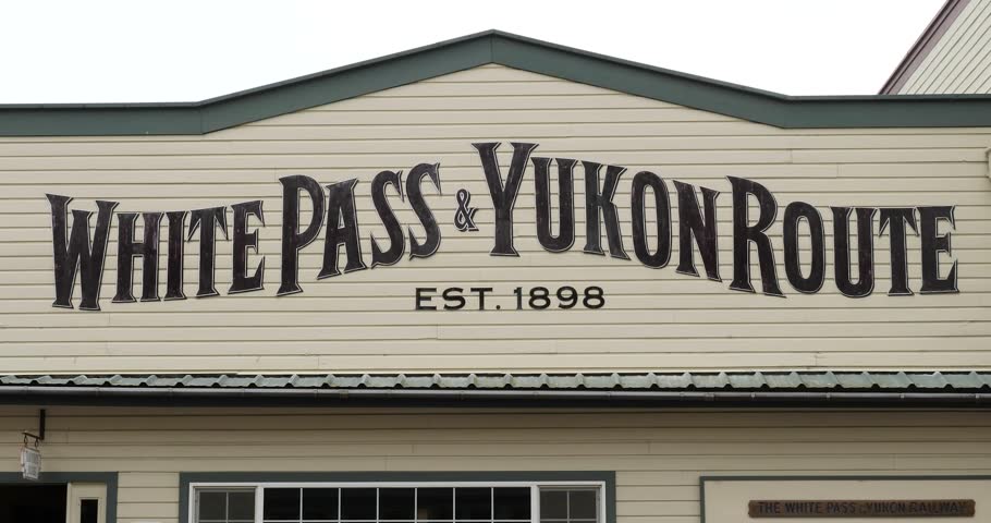 White Pass and Yukon Route train station in Skagway, Alaska. Narrow-gauge railroad linking the port of Skagway, Alaska, with Whitehorse, the capital of Yukon.