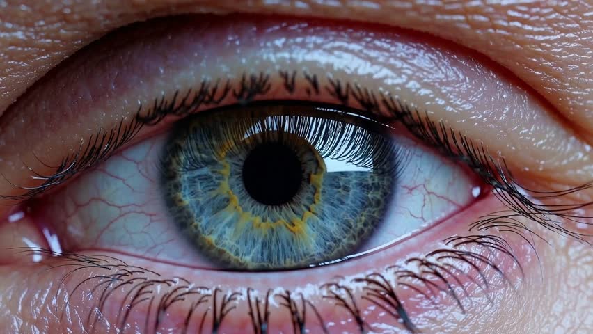 CGI extreme close-up of a human eye blinking slowly, illustrating emotion, perception, and the concept of human vision.