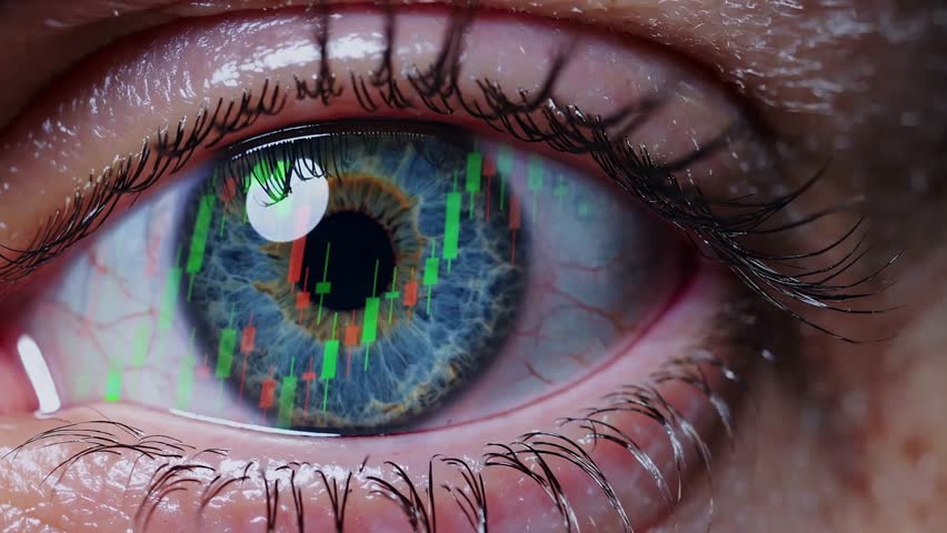 CGI close-up of a human eye reflecting stock market crash charts, symbolizing the emotional impact of a financial crisis and Wall Street turbulence.