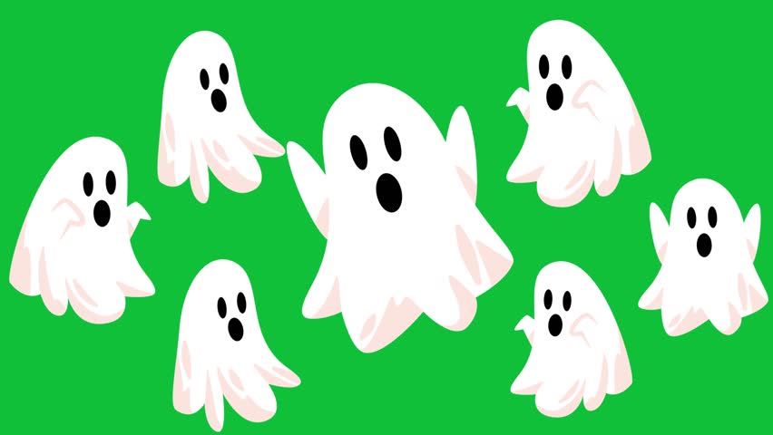 Fun floating fly group of ghost spirit covered in white sheet cute funny haunted spooky spirit cartoon characters in green screen chromakey 