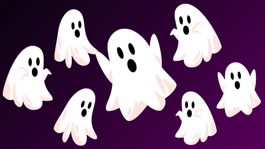 White sheet floating ghost cute funny halloween haunted spooky spirit cartoon characters in dark night background