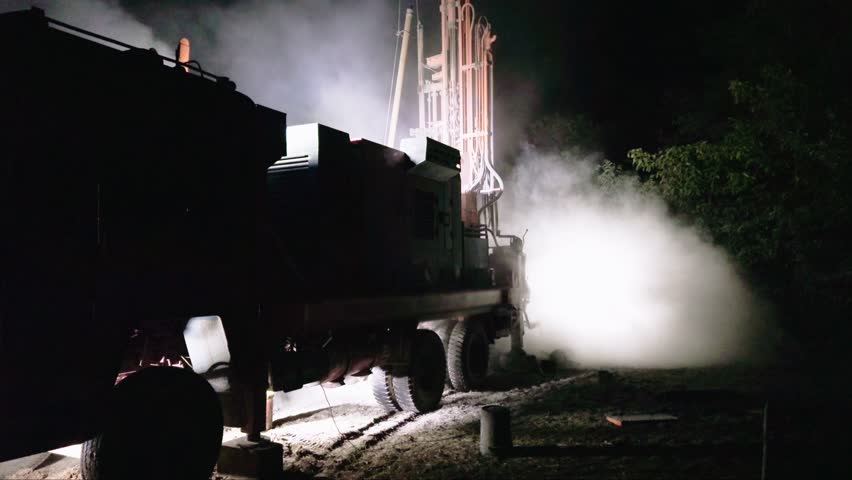 Nighttime Drilling Rig with Truck and Fog, Borewell Operation Brightens Rural Forest Clearing, Industrial Machinery Extracting Water Beneath Stars, Device operates near village outskirts in thick haze