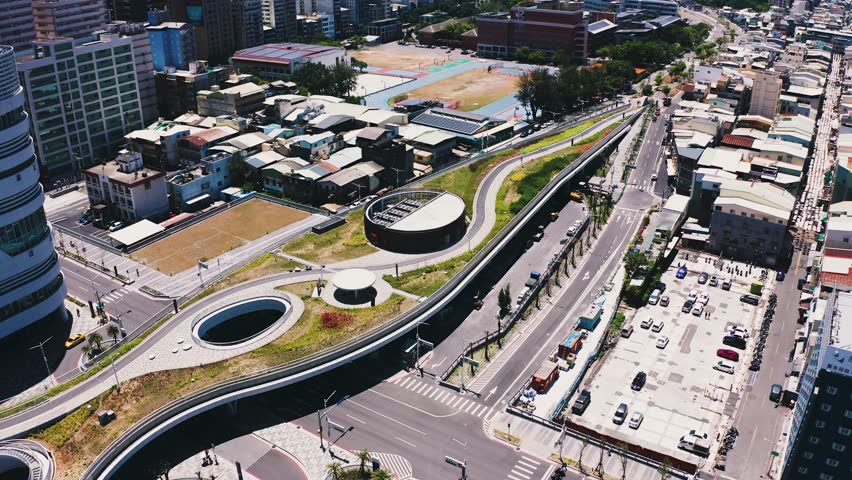 Kaohsiung New Station Taiwan : Aerial View of Unique Urban Park and Modern Architecture Green Hill