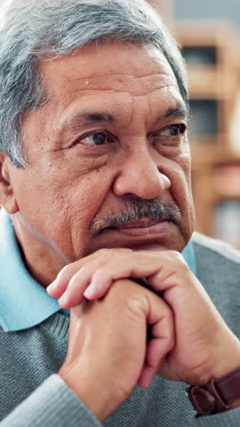 Senior, man and sad with thinking in home for grief, loss and lonely in retirement. Face, unhappy and elderly person with depression for memory, remember and mourning widower with nostalgia and alone