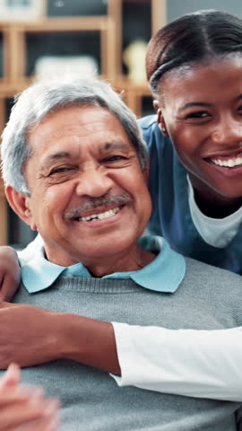 Happy face, hug and senior patient with nurse for healthcare or assisted living at old age home. Portrait, elderly man and caregiver with smile, love or embrace for volunteering service or charity