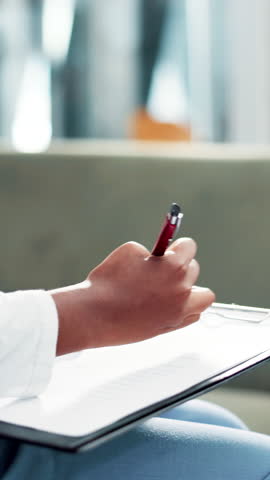 Person, hands or nurse writing with clipboard for diagnosis, medical results or consultation at home. Closeup, caregiver or therapist taking notes for healthcare insurance or therapy session at house