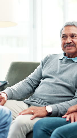 Senior couple, sofa or discussion with nurse for therapy, healthcare or assisted living at old age home. Elderly, patients and caregiver talking to clients for retirement plan or counseling at house