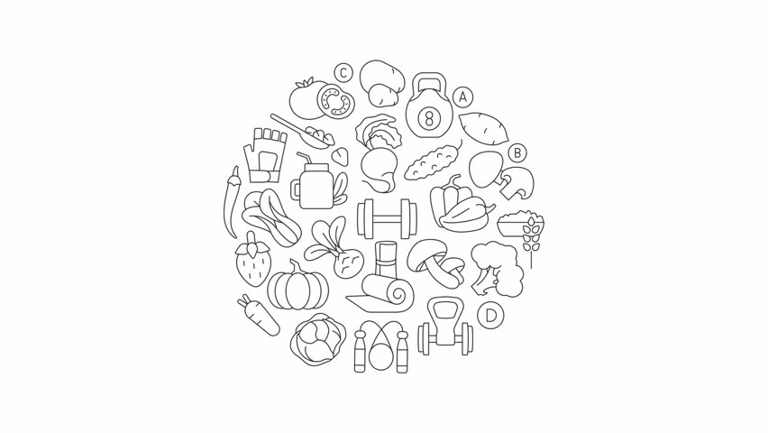 Healthy lifestyle line icons concept round animation. Regular activity routine. Balanced nutrition ration. Wellness care. Circular idea with animated outline symbols. HD video isolated on white