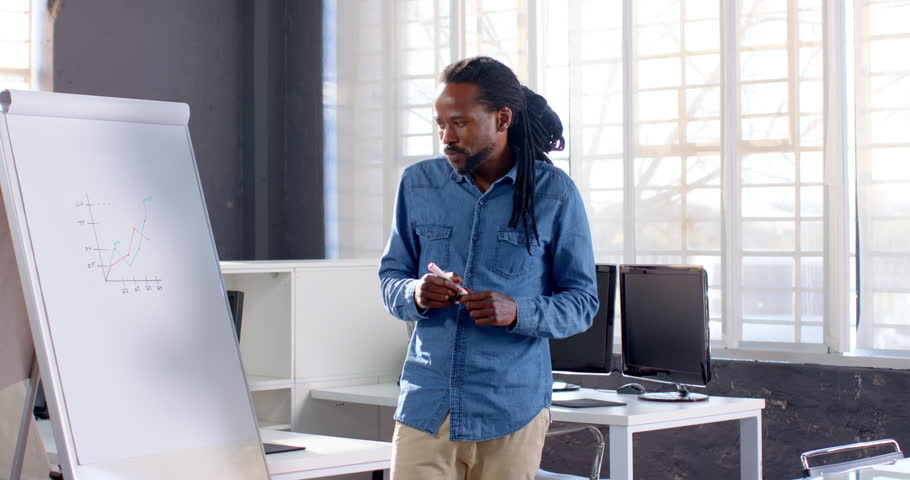 African American man presenting business graph on flip chart in modern office. presentation, teamwork, corporate, strategy, entrepreneur, professional