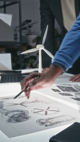 Vertical midsection shot of anonymous engineer pointing at wind turbine technical drawing while discussing its parts and structure with colleagues in office, sustainable technology