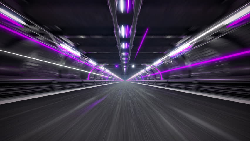 Neon-lit underground tunnel with glowing purple lights. Professional 4K Video Loop for tranbsportation advertising.