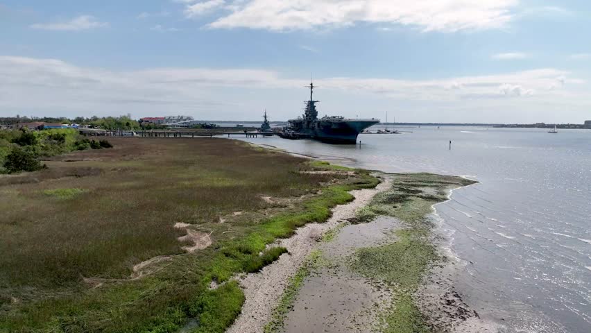 aerial push in to the USS Yorktown in Charleston SC