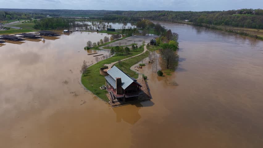 Aerial orbit of Freedom Point at Liberty Park in Clarksville Tennessee after 2025 flooding