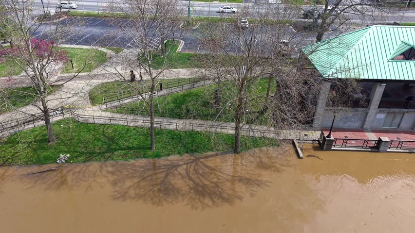 Flood damage of the visitor center on the Cumberland River in Clarksville Tennessee during 2025 flooding