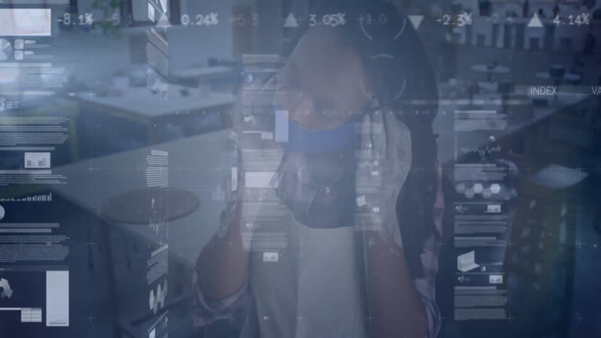 Female business podcaster speaking into microphone at desk, displaying floating pie charts and HUD. Technology, data visualization, professional, communication, innovation, modern, analysis