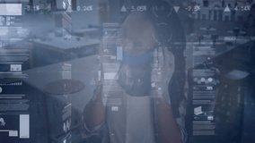 Female business podcaster speaking into microphone at desk, displaying floating pie charts and HUD. Technology, data visualization, professional, communication, innovation, modern, analysis - Powered by Shutterstock - Get 15% off with code: PIKWIZARD15