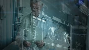 Senior male doctor examining data on tablet beside hospital bed, showing holographic health charts. Medical, healthcare, technology, innovation, professionalism, diagnostics, digital - Powered by Shutterstock - Get 15% off with code: PIKWIZARD15