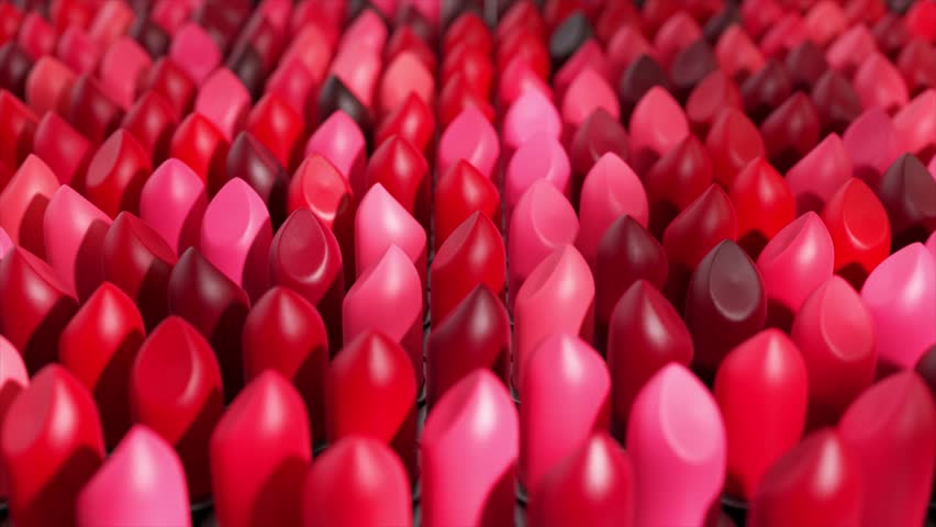 Rows of lipsticks in various shades of red and pink create a vibrant and textured pattern, emphasizing the diversity and abundance of color options available in cosmetics. 3D Illustration