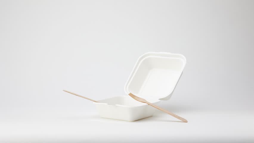 white take away food box, recycling fork and spoon stop motion animation video