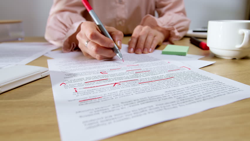 The woman works with the text as a translator or scriptwriter. The editor marks words on paper.