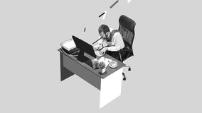 Overworked businessman typing intensely at cluttered desk, surrounded by office supplies. Stop motion, animation. Stress, deadlines and professional burnout. Concept of business, stress, productivity. - Powered by Shutterstock - Get 15% off with code: PIKWIZARD15