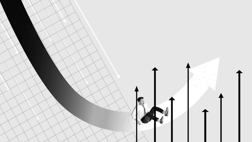 Businessman sliding downward on dark curve transitioning into growth. Economic downturn followed by recovery. Stop motion, animation. Concept of resilience, crisis management, business strategy.