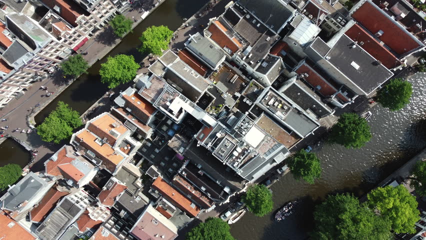 Aerial drove view, Amsterdam canal cityscapes