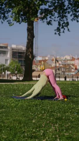 Engaging in Dynamic Yoga Poses while Surrounded by the Scenic Beauty of a Park Setting