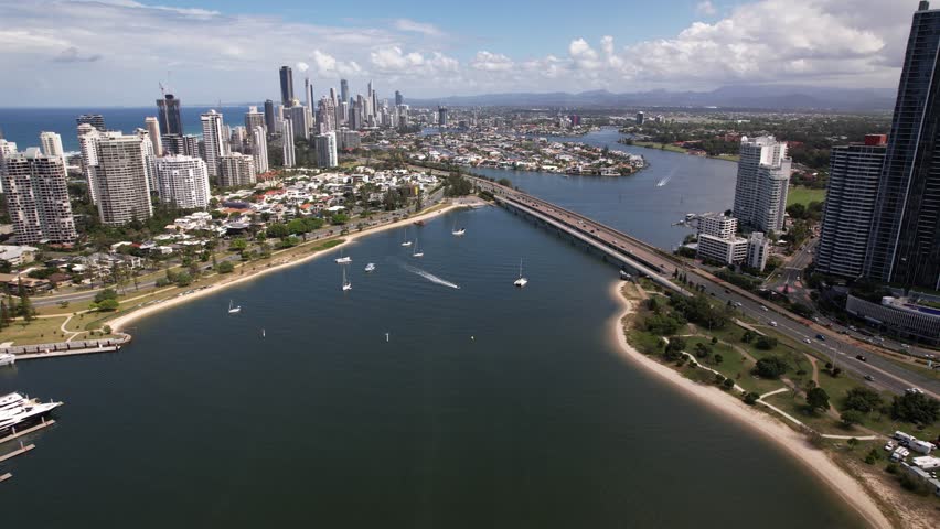 Sundale Bridge And Gold Coast Skyline In Queensland, Australia - Aerial shot