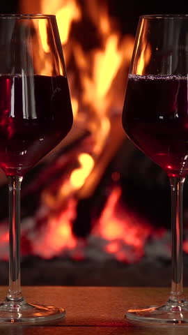 Two glasses of red wine in front of a fireplace, A romantic setting with two glasses of red wine placed on a wooden surface in front of a warm, glowing fireplace. Vertical footage