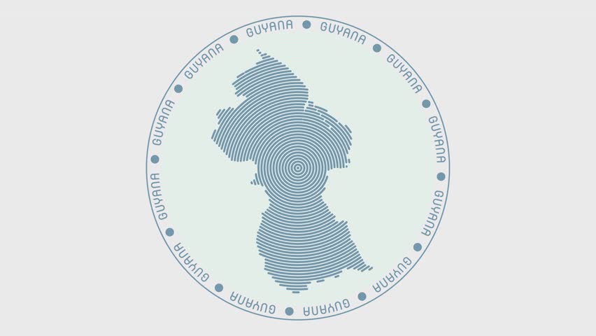 Guyana shape with dynamic circles visual effect. Animation of Guyana logo appearing from rotating rings and Country name around the shape. Intro, opening, closing, logo video.