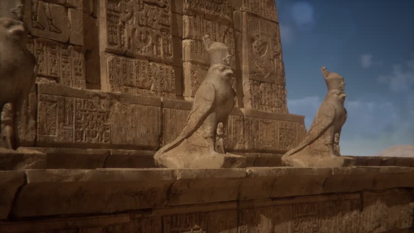 Cinematic 3D renders of ancient Egyptian temples featuring detailed hieroglyphics, monumental statues, sacred columns, and timeless Pharaonic architecture. Includes sweeping shots, wall carvings, and 