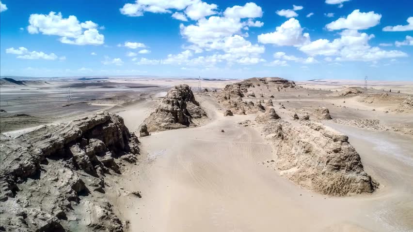Aerial View of Desert Rock Formations and Sand Dunes