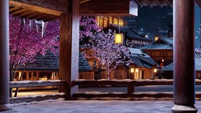 Snowy japanese village at night from traditional porch. Stock footage - Powered by Shutterstock - Get 15% off with code: PIKWIZARD15