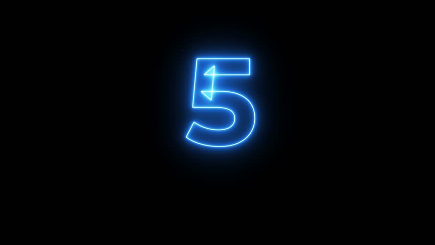 Neon countdown timer 5 seconds . Glowing digital clock animation for youtube intro, livestream, gaming overlay, and presentation videos