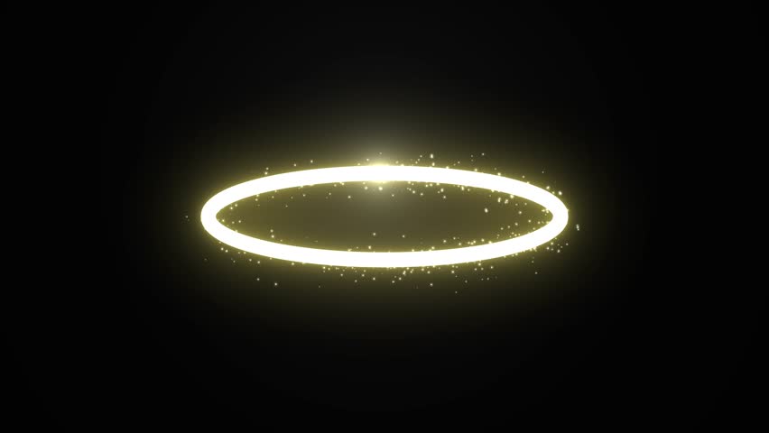 Yellow glowing circle with shimmering particles on a dark background. Halo animation. Use blend modes to make the background transparent.