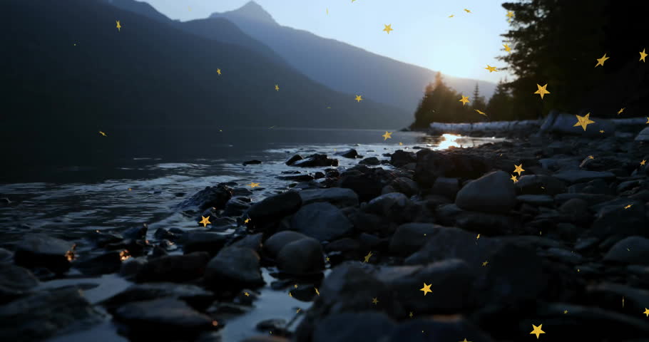 Rocky lakeshore being animated at dusk in flat design, showing driftwood logs and golden sparkles. Nature, serenity, landscape, tranquility, reflection, wilderness, dusk