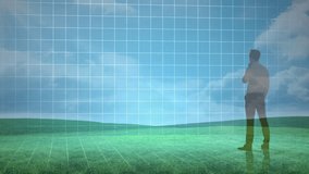 man standing on field, interacting with holographic interface showing business charts and world map. Futuristic, innovation, technology, visualization, data, analytics, outdoor - Powered by Shutterstock - Get 15% off with code: PIKWIZARD15