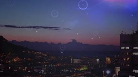 City skyline glowing under dusk sky, with floating HUD reticles and curved trajectory lines. Futuristic, metropolis, technology, navigation, atmospheric, urban, cyberpunk - Powered by Shutterstock - Get 15% off with code: PIKWIZARD15