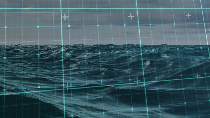 Choppy ocean surface flowing under cloudy sky while receiving turquoise digital grid mapping. Maritime, navigation, futuristic, technology, exploration, maritime industry, abstract