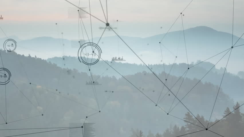 Animated digital network overlaying misty mountain ridges, showing lines, nodes and waveform charts. Mountains, networking, data, visualization, landscape, technology, abstract - Powered by Shutterstock - Get 15% off with code: PIKWIZARD15