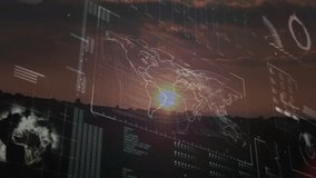 Central transparent world map overlay showing flowing data lines plus glowing heat spot with panels. Infographic, data visualization, futuristic, technology, analytics, outdoor, dusk - Powered by Shutterstock - Get 15% off with code: PIKWIZARD15