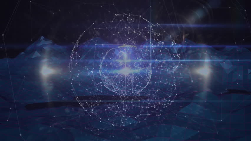 Digital wireframe network globe hovering above low poly surface emitting horizontal light streaks. Futuristic, technology, cyberspace, abstract, connectivity, digital art, innovation