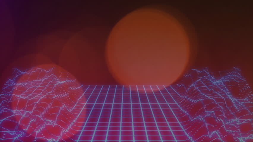 Blue neon grid surface forming undulating wave pattern, glowing translucent red orb hovering left. Futuristic, cyberpunk, digital, abstract, neon, sci-fi, low-poly