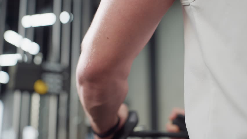 Gym lover arm pulling chest press handle on weight machine, muscles flexing under sleeveless shirt as he engages resistance for intense strength workout with focused effort and dynamic motion