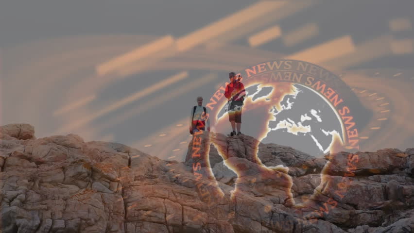 hiking couple climbing rocky summit, showcasing digital news graphics with glowing world map ring. Adventure, exploration, resilience, professionalism, technology, landscape, discovery