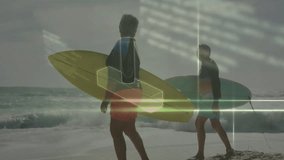 senior couple walking shoreline, with health tech concept using glowing DNA helix and floating code. Retirement, vitality, wellness, adventure, technology, longevity, outdoor - Powered by Shutterstock - Get 15% off with code: PIKWIZARD15