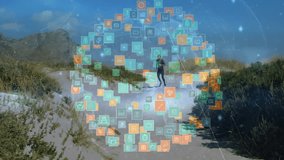 Man jogging along sandy dune path, displaying floating tech icons and graphs for fitness technology. Outdoor, fitness, innovation, motion, landscape, digital, health - Powered by Shutterstock - Get 15% off with code: PIKWIZARD15